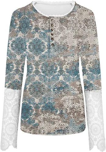 Vista 2 de Camisas de Navidad para mujer, camisa de manga larga con botones y cuello redondo y estampado floral entretejido