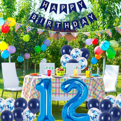 Vista 2 de Decoraciones de fiesta de cumpleaños azul número 12 para niños y niñas, suministros de globos de cumpleaños feliz número 12 con pancarta de feliz