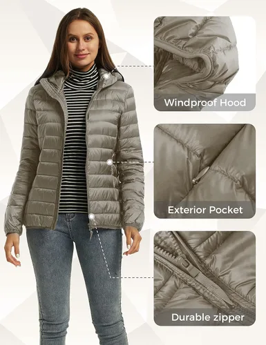 Vista 6 de Wantdo - Chaqueta de plumón con capucha para mujer, corta, ultraligera y plegable