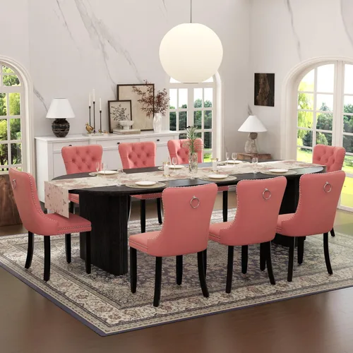 Vista 9 de Juego de mesa de comedor ovalada extensible con 4 sillas tapizadas de terciopelo de alta gama, mesa de cocina de 59 a 91 pulgadas y sillas