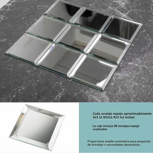 Vista 4 de 80 azulejos de espejo biselado, azulejos de cristal cuadrados plateados de 3 pulgadas para cocina, salpicadero de baño, pared de ducha, 5 pies