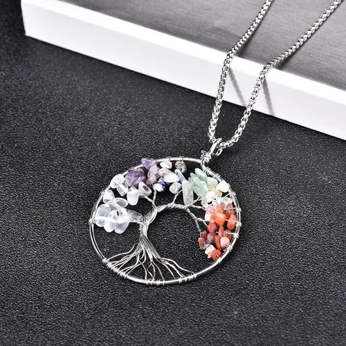 Vista 3 de ZPMMPZ Collar de árbol de la vida con cristales curativos naturales de 7 chakras, colgante de piedras preciosas, regalos familiares para mujeres