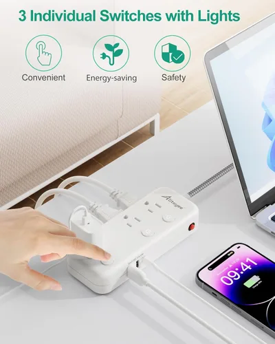 Vista 4 de Protector contra sobretensiones de regleta de alimentación de interruptor individual, 6 tomacorrientes 3 USB, cable de 5 pies Individual
