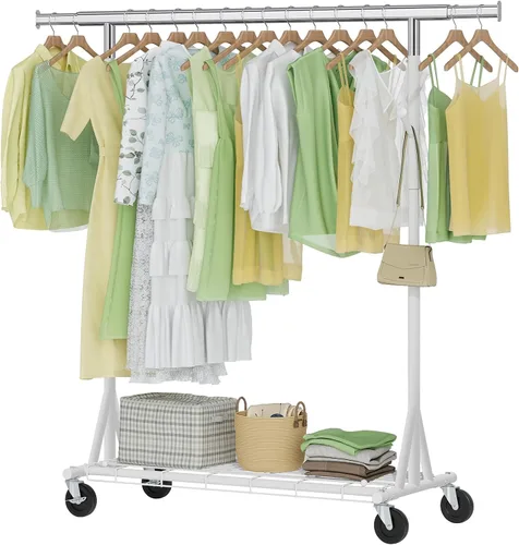 Vista 11 de Hoctieon Perchero de doble varilla de montaje en 2 minutos, estante resistente para ropa con ruedas, plegable para uso comercial, barra extensible
