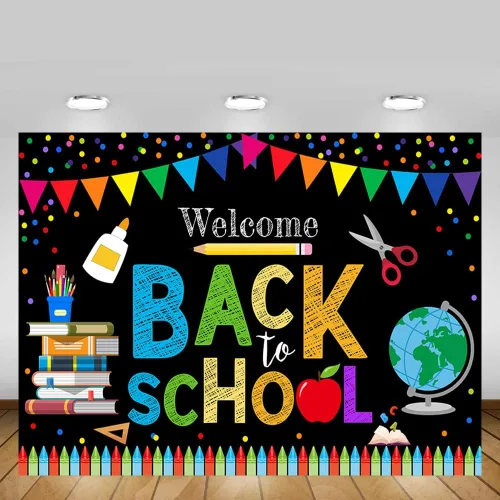 Vista 7 de MEHOFOND Telón de fondo de bienvenida de regreso a la escuela de 7 x 5 pies para niños, preescolar, primer día en persona, escuela, jardín