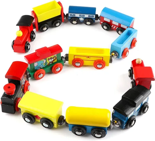 Vista 6 de Wondertoys Juego de 12 trenes magnéticos de madera, incluye 3 motores y bolsa de almacenamiento, juego de tren de madera para niños pequeños