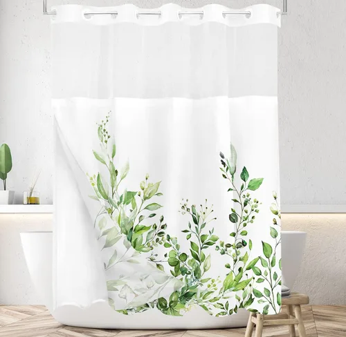 Vista 34 de Tititex - Juego de cortinas de ducha de eucalipto negro, hojas de acuarela gris en la parte superior, con decoración floral de baño, 60 x 72