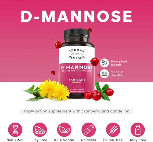 Vista 2 de Thomas' all-natural Remedies D-manosa 1200mg - con arándano y diente de león - Apoyo natural para la salud del tracto urinario y las infecciones
