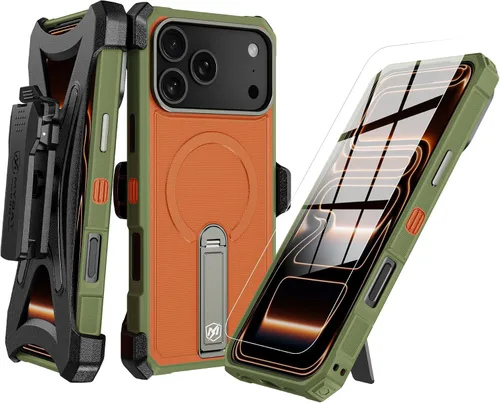 Vista 10 de M MYBAT PRO Funda 3 en 1 con soporte de metal (verde militar, 15 Pro Max)