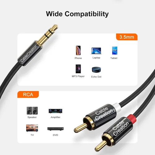 Vista 8 de Cablecreation Cable de audio RCA macho a cable macho de 3,5mm bifurcador en Y diseño para audio estéreo RCA, color negro, Negro Divisor en Y