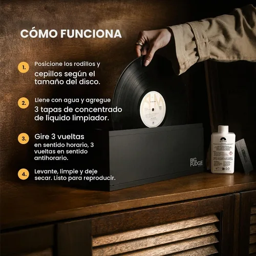 Vista 5 de Kit de Limpieza de Discos de Vinilo Big Fudge para Discos de Vinilo - Incluye Máquina de Limpieza y Solución de Cuidado de Limpieza de Discos