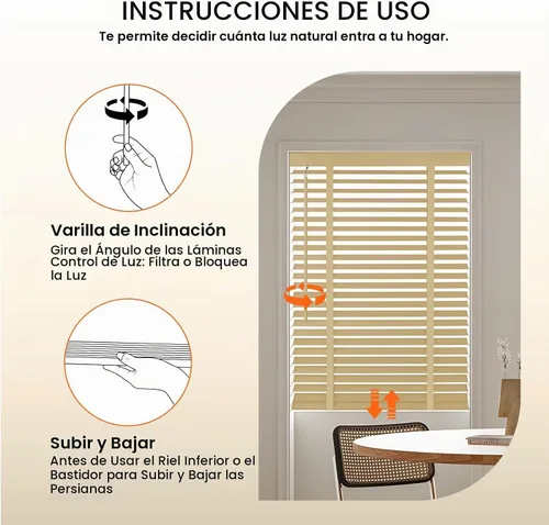 Vista 5 de Persianas de madera con listones de 2 pulgadas para ventanas de interior: persianas opacas de madera maciza, persianas horizontales de privacidad
