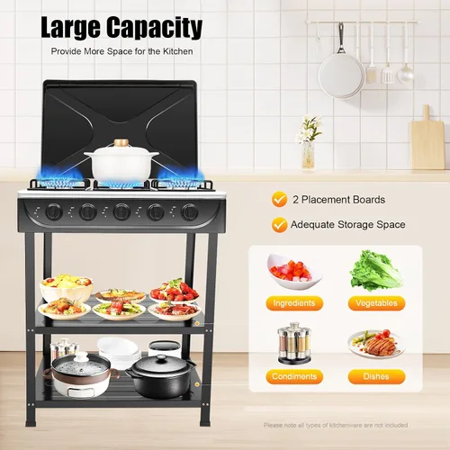 Vista 4 de Estufa de gas de 5 quemadores, estufa de cocina portátil de NG/LPG blanca con estantes de almacenamiento dobles, encendido manual para interiores