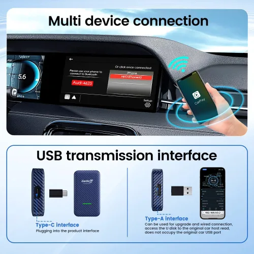 Vista 5 de CarlinKit Adaptador 4.0 CP2A para coche CarPlay con cable, 2 en 1 Convertir CarPlay con cable a inalámbrico, Android Auto inalámbrico para Android
