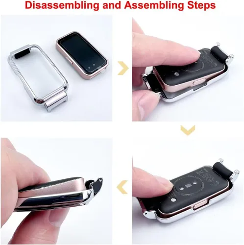 Vista 7 de Bandas compatibles con Huawei Band 10/9/8/7, accesorios de correa de repuesto de cuero con marco de metal para Huawei Band 7/8/9/10 Negro