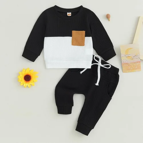 Vista 53 de Conjunto de 2 piezas de ropa para bebé y niño, sudadera con cuello redondo con letras y pantalones casuales de otoño e invierno B Negro-marrón