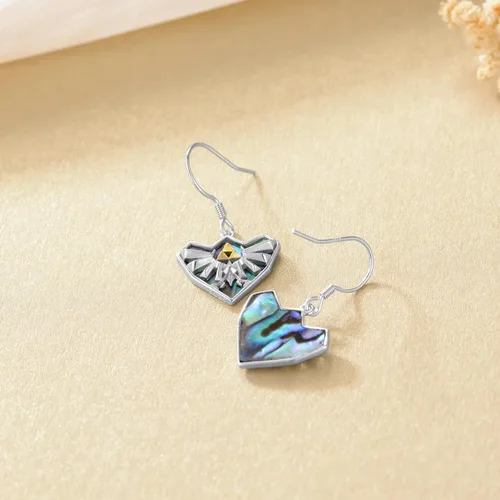 Vista 2 de YFN Zelda - Aretes colgantes de plata de ley con diseño de triforce Zelda, con temática de abulón, joyería Zelda para mujeres, hombres y niñas