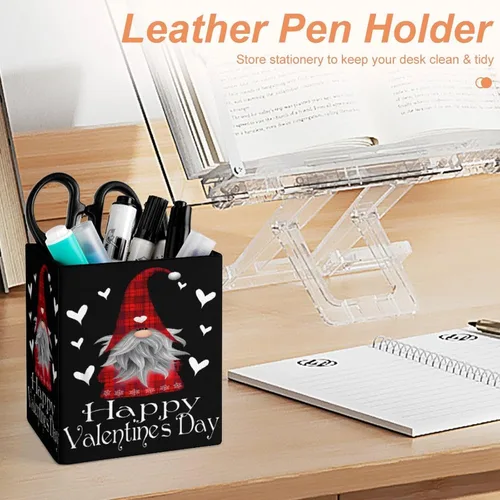 Vista 4 de Happy Valentines Day Gnome Plaid Hat Heart Pencil Holder, Leather Makeup Brush Holders Storage Desktop Organizer Desk Decor for Office School