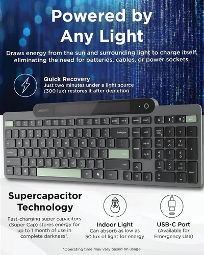 Vista 3 de Lenovo 800 Teclado Bluetooth Autocargable, Utiliza Luz Ambiental para la Carga, Bluetooth 5.1, Soporta 3 Dispositivos, Sin Batería, Inalámbrico, Gris