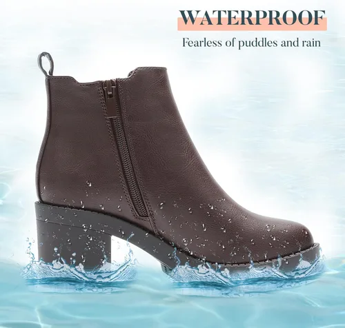 Vista 2 de EETTARO Botas de tobillo de tacón grueso para mujer, suela elástica, botas Chelsea con punta redonda para mujer
