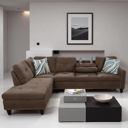 Vista 5 de Sofá Seccional en Forma de L con Portavasos, Juego de Sala de 97 Pulgadas con Chaise, Sofás Seccionales con Ribete de Tachuelas, para Sala de Estar