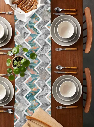 Vista 2 de Zigzi - Bufandas de mesa azules, textura de mármol a rayas grises de Zigzi, camino de mesa de comedor, decoración de mesa rectangular lavable