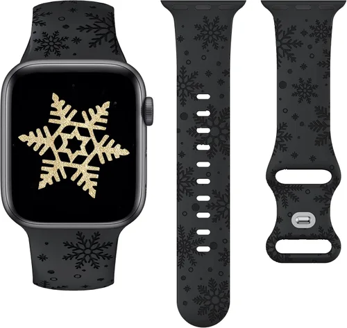 Vista 13 de Wearlizer - Correa con copos de nieve de Navidad grabada compatible con Apple Watch de 41/38/40/42/45/44/46/49 mm, correa deportiva de silicona Negro