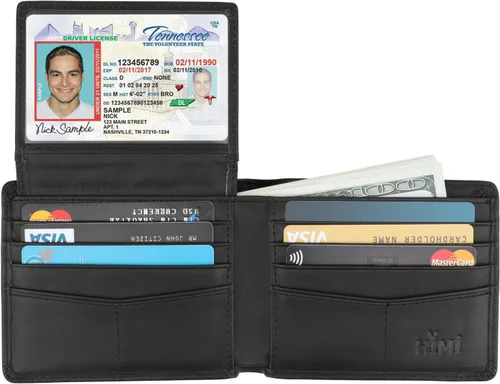 Vista 4 de Cartera de piel auténtica para hombre, con bloqueo RFID, plegable, elegante, con 2 ventanas de identificación Negro