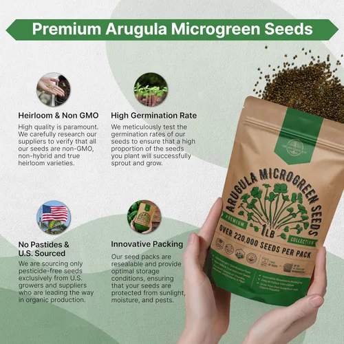 Vista 6 de Organo Republic Semillas de Rúcula para Germinación y Microgreens - Kit de Semillas de Brotes Sin OGM, Reliquia, Bolsa Resellable de 1 libra