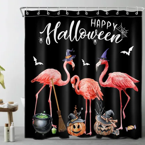 Vista 15 de LB Cortina de ducha de feliz Halloween para baño, flamenco rosa y calabaza naranja con sombrero mágico, cortina de ducha de tela con ganchos, juego
