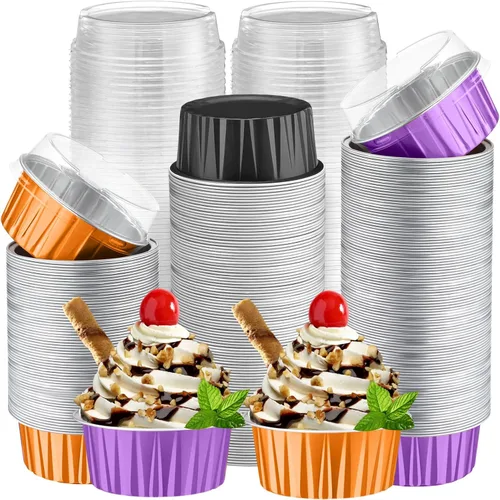 Vista 13 de Paquete de 200 forros de aluminio para cupcakes con tapas, color negro, liso 5 oz Round Baking Cup, Disposable Ramekin Container, Wedding