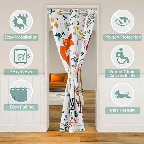 Vista 3 de Erosebridal Cortina opaca para puerta de zorro para niños, bonito diseño de oso bosque, ciervo, para niños y niñas, búho de dibujos animados