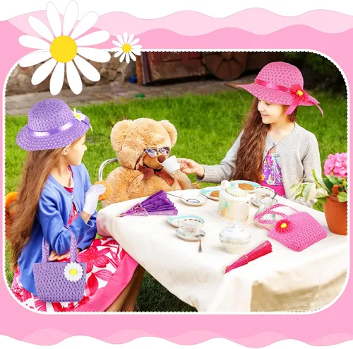 Vista 6 de Juego de 10 piezas de fiesta de té para niñas, incluye sombreros de fiesta de té, gorros, guantes de abanico, monedero rosa, boas de plumas