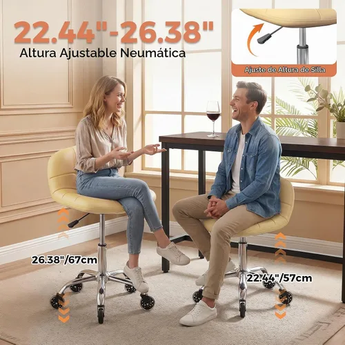 Vista 6 de Taburete enrollable con ruedas, taburete ajustable en altura con soporte para la espalda, silla de dibujo de oficina con cojín de piel sintética