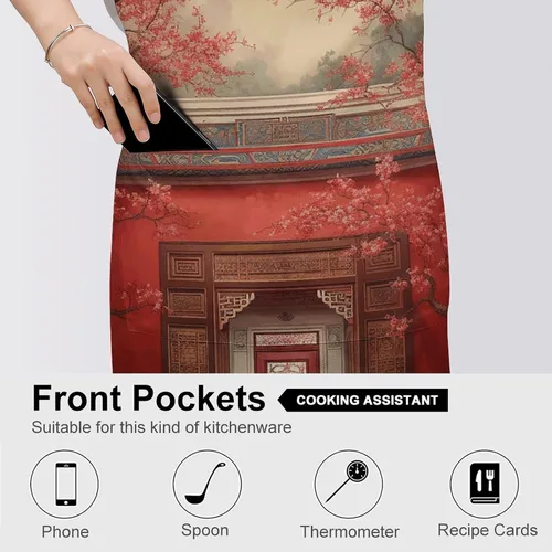 Vista 5 de MUSM Apron for Adults - 27.6 X 31.5 Inch, Heavy-Duty Polyester Aprons with Two Large Pockets, Waterproof Red Oriental Painting Kitchen Apron for