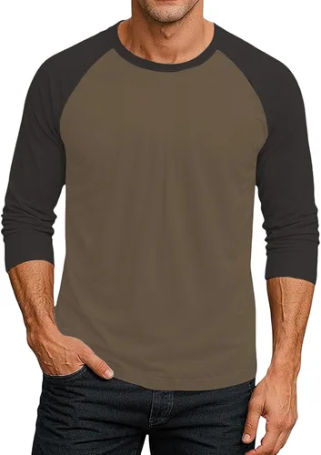 Vista 3 de Camiseta de béisbol raglán para hombre, manga larga, cuello redondo, tela ligera que absorbe la humedad para uso casual