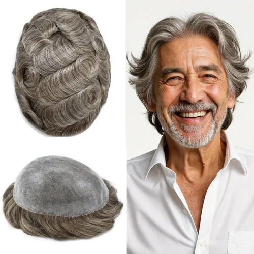 Vista 138 de Toupee para hombre 100% cabello humano real tupé para hombres 0.004 in piel de poliuretano para hombre, sistema de reemplazo de piezas de pelo
