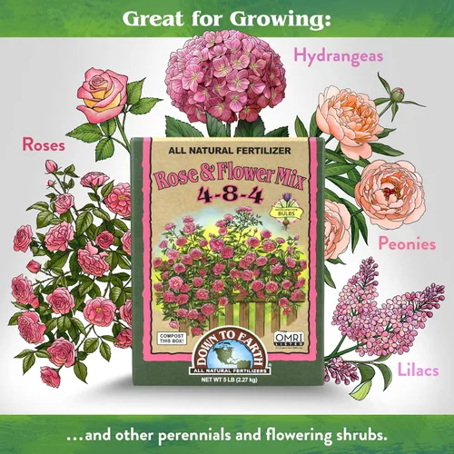 Vista 3 de Down To Earth All Natural Fertilizers Mezcla orgánica de rosas y flores - Alimento vegetal para rosas, bulbos, flores y ornamentales 4-8-4, 5 libras
