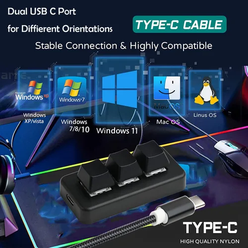 Vista 7 de Mini teclado mecánico inalámbrico USB tipo C Bluetooth de 3 teclas, 9 teclas, teclado macro gammable para juegos, control con una sola mano