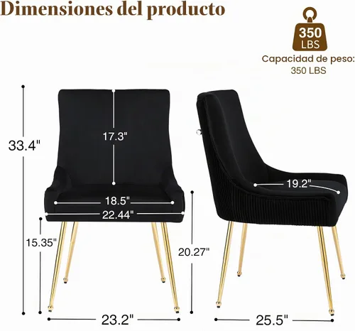 Vista 3 de adochr - Juego de 2 sillas de comedor de terciopelo con patas de metal dorado, color negro