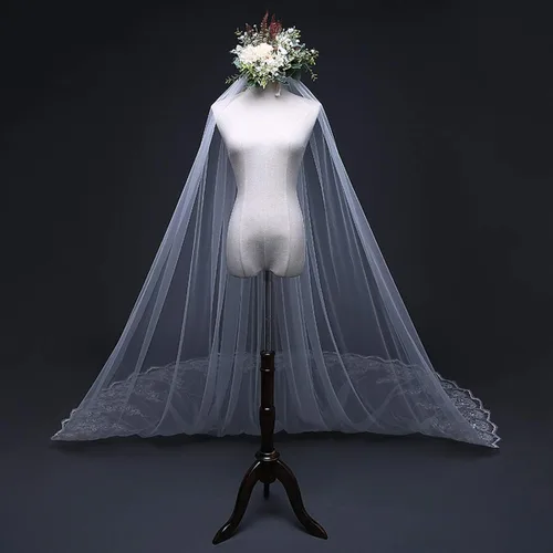 Vista 7 de dDanke - Velo de novia largo con peine de una sola capa de malla con lentejuelas de encaje para catedral, boda, fiesta