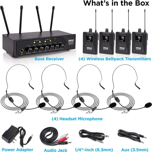 Vista 7 de Pyle Sistema de micrófono inalámbrico UHF portátil, funciona con pilas, juego de cuatro micrófonos inalámbricos Bluetooth con frecuencia