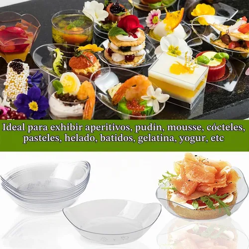 Vista 6 de TOFLEN Mini platos de postre de 100 unidades con cucharas de degustación, 3-1/8 x 2-5/8 pulgadas, pequeños platos de plástico transparente