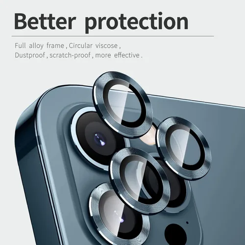 Vista 3 de LucBuy Protector de lente de cámara para iPhone 12 Pro Max, vidrio templado HD de alta calidad, aleación de aluminio, anillo individual, película
