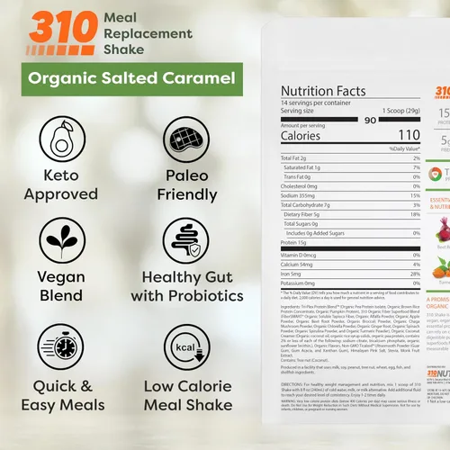 Vista 2 de 310 Nutrition - Batido de origen vegetal en polvo, orgánico y vegano, reemplazo de comidas, sin gluten, lácteos y soja, apto para dieta keto