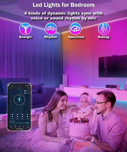 Vista 5 de Tira de luces LED para dormitorio de 33 pies, luces LED IC-RGB para habitación con control remoto de aplicación Bluetooth, tira de luz LED USB