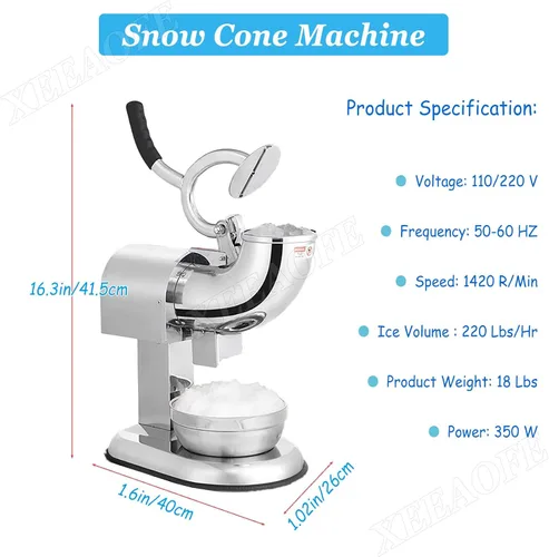 Vista 7 de Máquina de afeitar de hielo, máquina de cono de nieve, 220 libras por hora, 350 W, máquina de hielo afeitado de acero inoxidable, 2 cuchillas