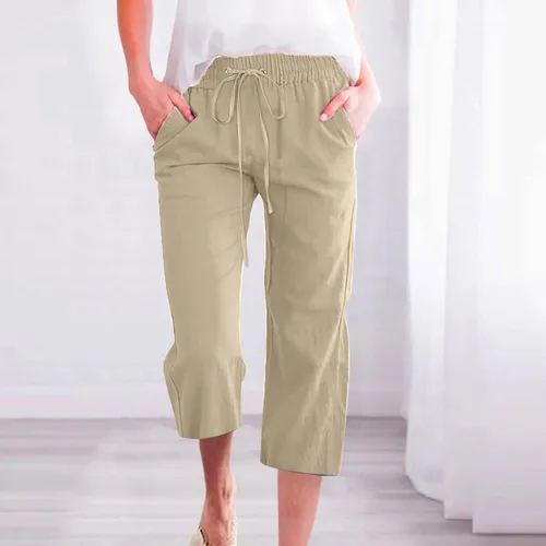 Vista 2 de Ceboyel Pantalones capri para mujer para verano, cintura elástica, pantalones de yoga, con cordón, pantalones de lino, pantalones de entrenamiento