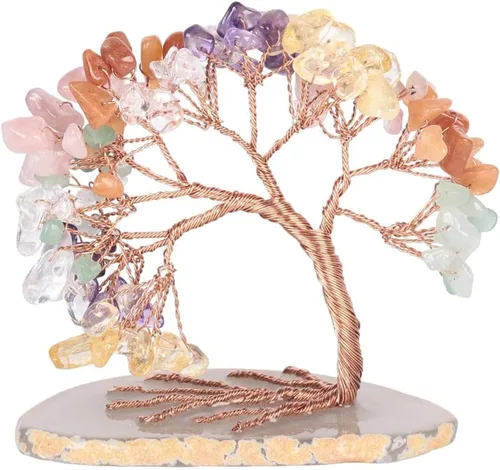 Vista 3 de Árbol de dinero de cristal hecho a mano en ágata rebanada árbol de la vida, bonsái decoración de la oficina en el hogar, cumpleaños, cuarzo rosa