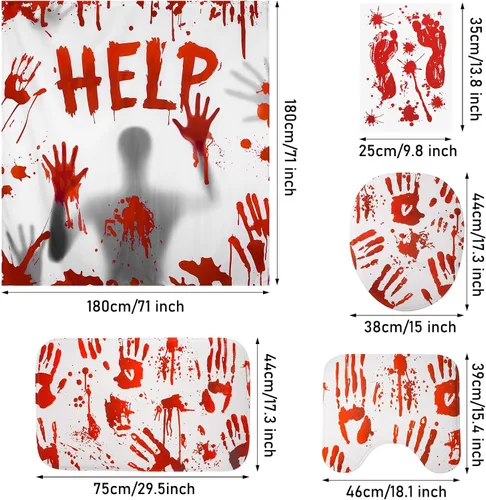 Vista 2 de Hahafelt Juego de 7 cortinas de ducha sangrientas de Halloween con Horror Help Me, cortina de baño de mano de sangre en forma de U, cubierta